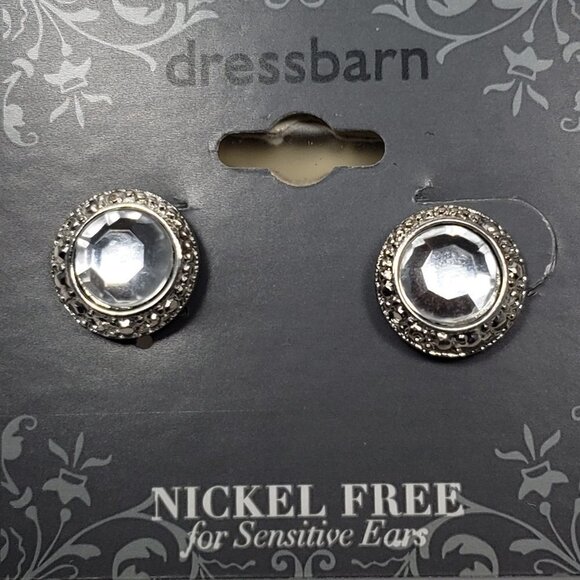 2/$30 Textured Silver Tone Crystal Stud Earrings - Women's Fashion Jewelry - Picture 6 of 8